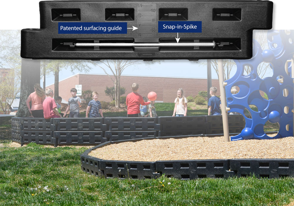 playground border with surfacing guide and snap-in-spike